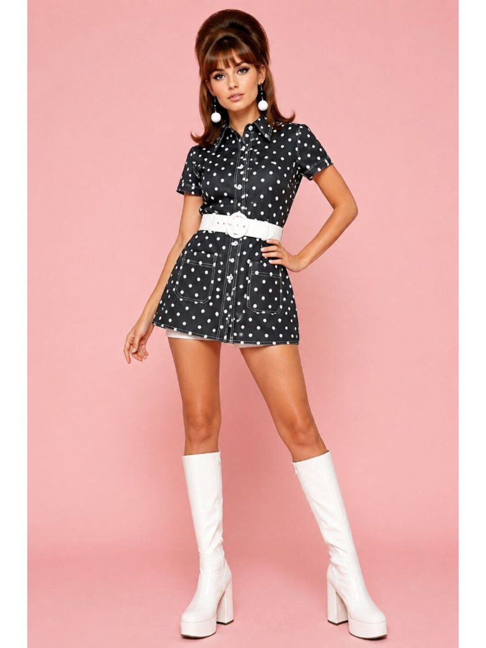 VTG 70s Bullocks Wilshire Polka Dot Shirt Mini Dress Mod Dagger Collar Pockets
